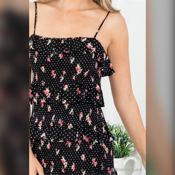 🆕 BLACK FLORAL PRINT SPAGHETTI STRAP MULTI RUFFLE DRESS - Picture 6 of 6